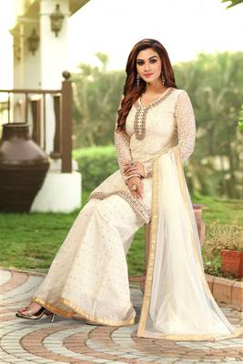 White Cotton Embroidery Kurta Plazo with Dupatta Salwar Suit 3 Pics Set 5