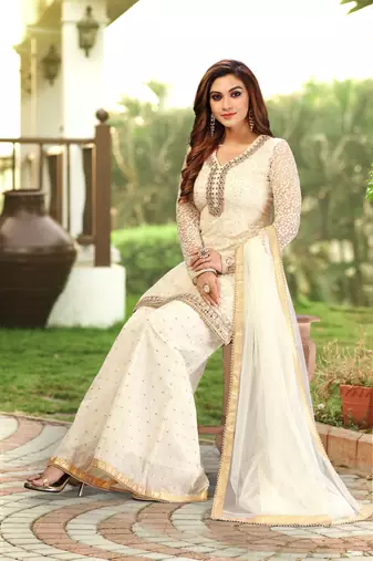 Trendmalls White Cotton Embroidery Kurta Plazo with Dupatta Salwar Suit 3 Pics Set