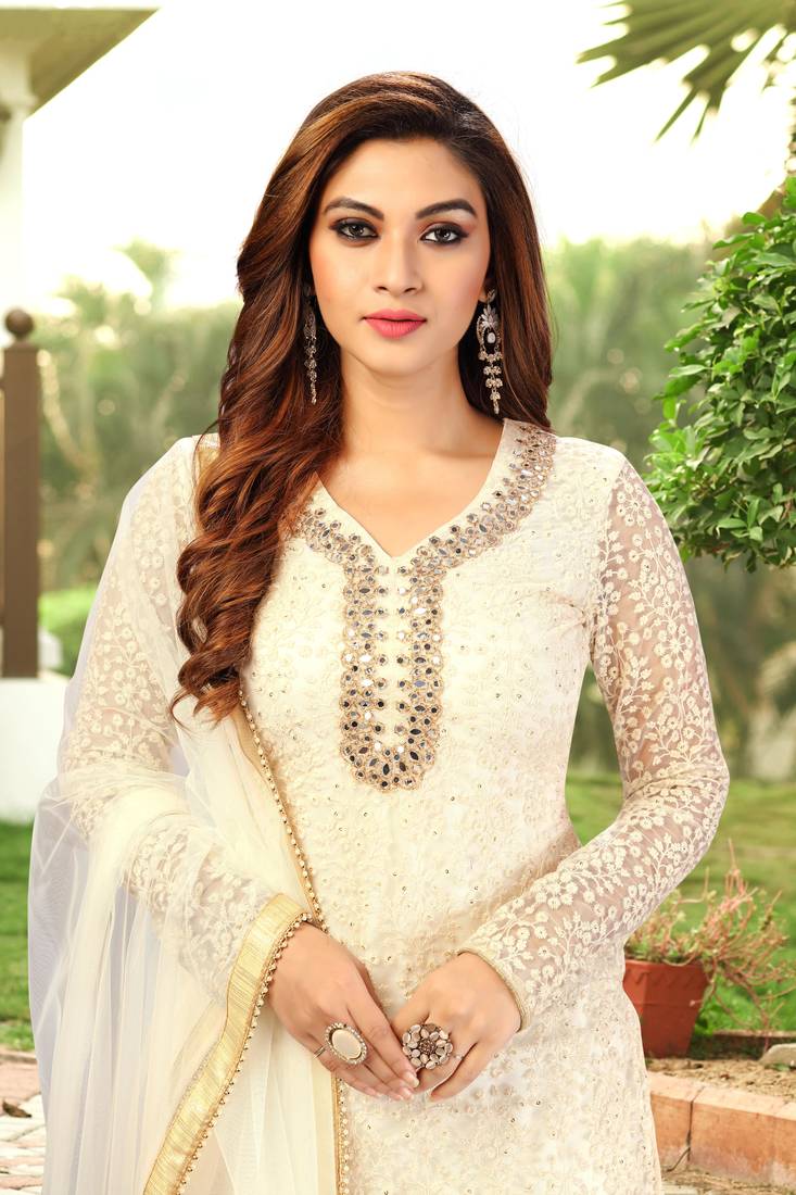White Cotton Embroidery Kurta Plazo with Dupatta Salwar Suit 3 Pics Set