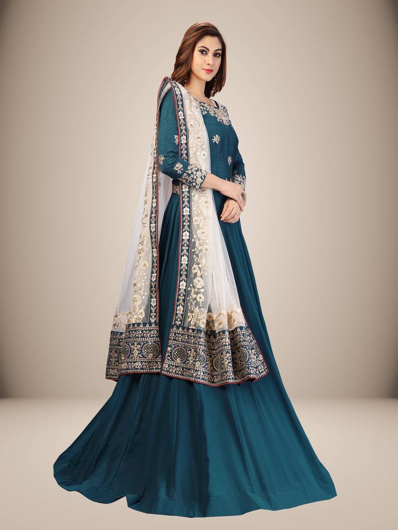 Trendmalls Teal blue Georgette Embroidered Party Wear Kurta Pant with Dupatta Salwar Suit Set