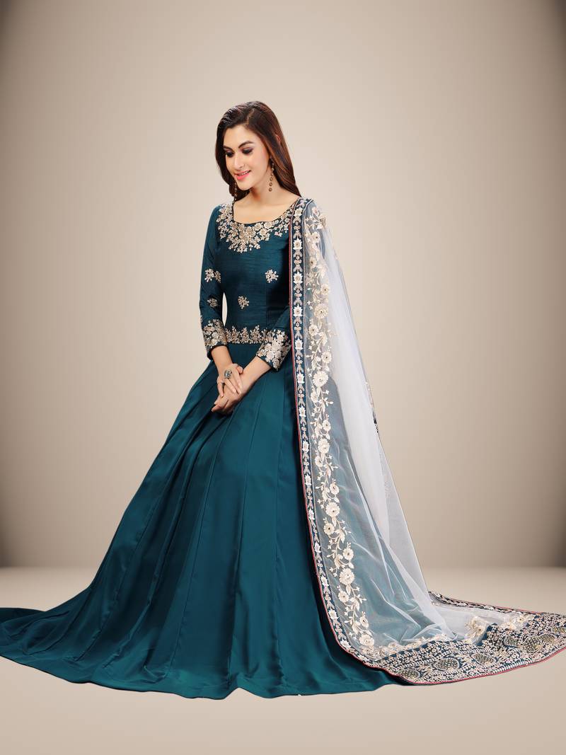 Trendmalls Teal blue Georgette Embroidered Party Wear Kurta Pant with Dupatta Salwar Suit Set