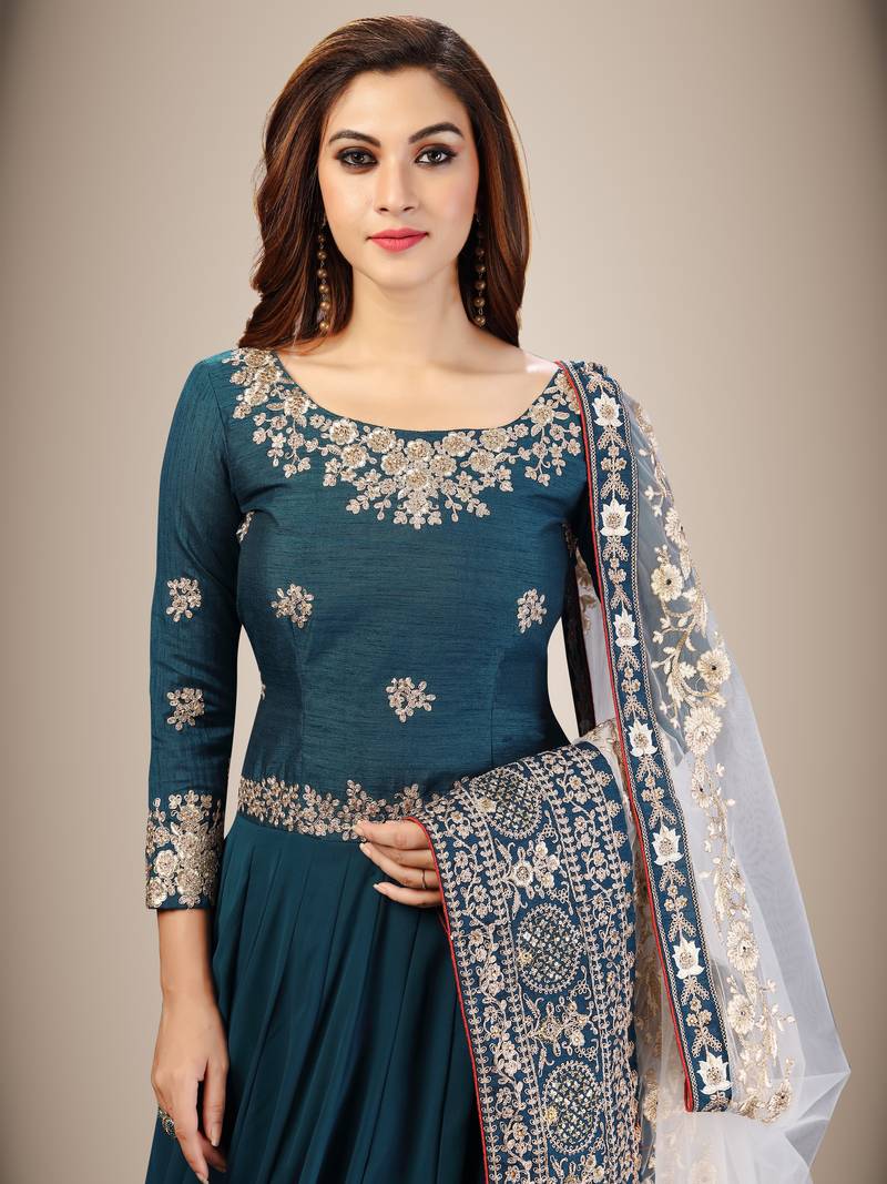 Trendmalls Teal blue Georgette Embroidered Party Wear Kurta Pant with Dupatta Salwar Suit Set