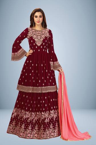 Trendmalls Maroon Georgette Embroidered Party Wear Kurta Pant with Dupatta Salwar Suit Set