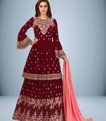 Trendmalls Maroon Georgette Embroidered Party Wear Kurta Pant with Dupatta Salwar Suit Set