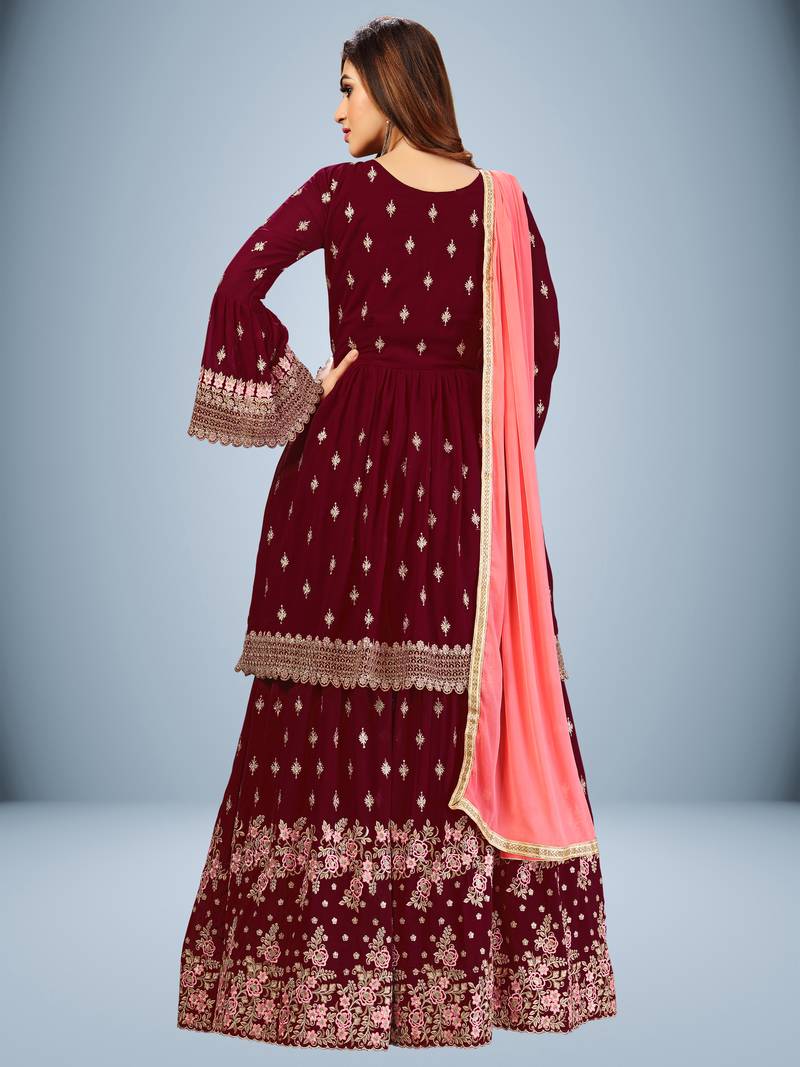 Trendmalls Maroon Georgette Embroidered Party Wear Kurta Pant with Dupatta Salwar Suit Set