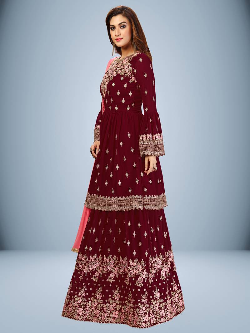 Trendmalls Maroon Georgette Embroidered Party Wear Kurta Pant with Dupatta Salwar Suit Set