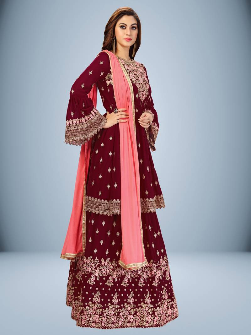 Trendmalls Maroon Georgette Embroidered Party Wear Kurta Pant with Dupatta Salwar Suit Set