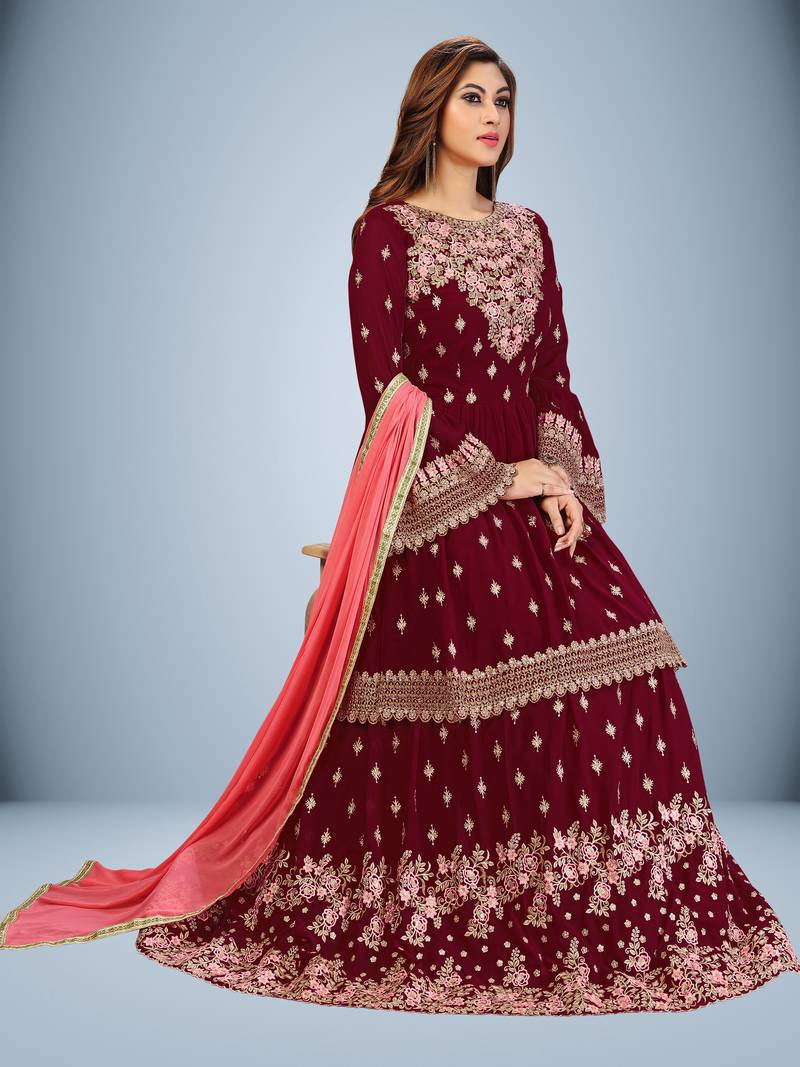 Trendmalls Maroon Georgette Embroidered Party Wear Kurta Pant with Dupatta Salwar Suit Set
