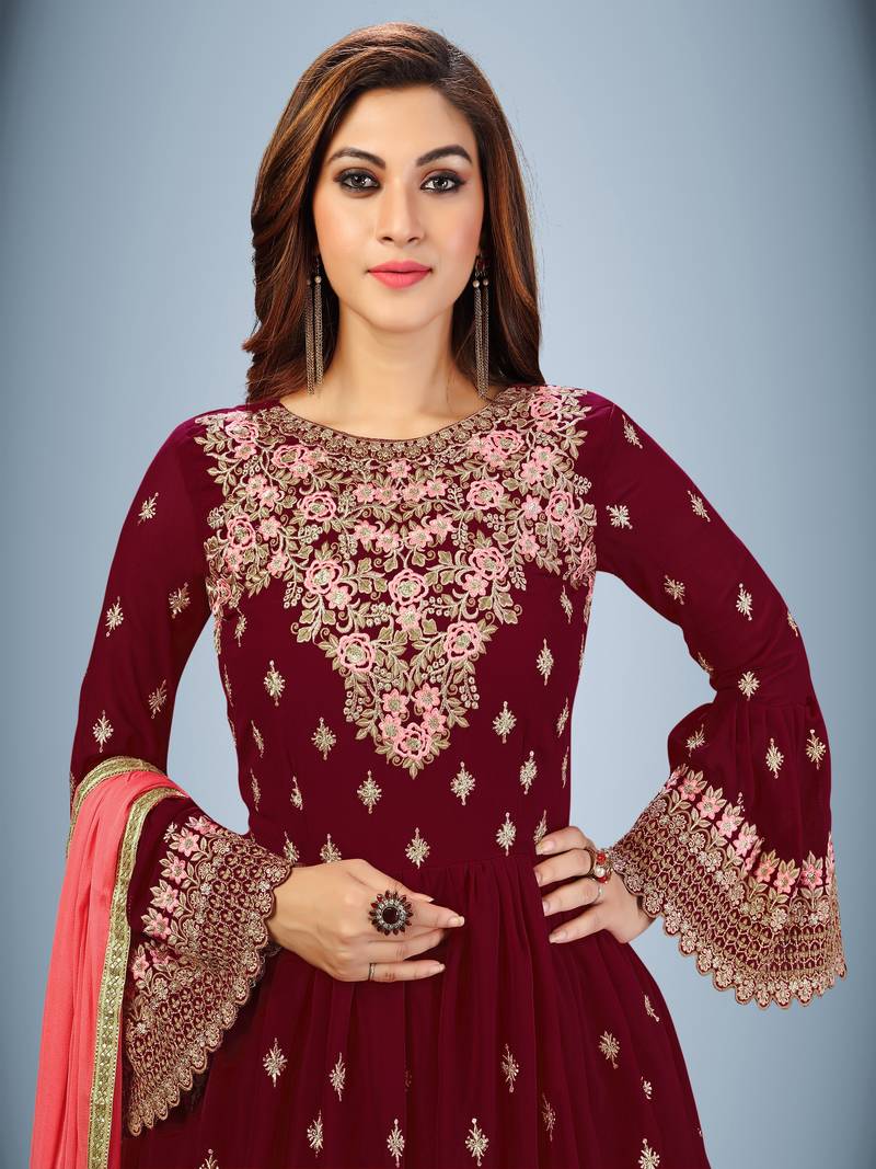 Trendmalls Maroon Georgette Embroidered Party Wear Kurta Pant with Dupatta Salwar Suit Set