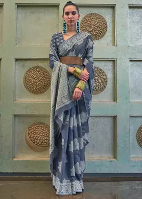 KORAMS DESIGN LUCKNOWI WOVEN BLUE FLORAL DESIGN PARTY WEAR CHIKANKARI SAREE WITH BLOUSE 1