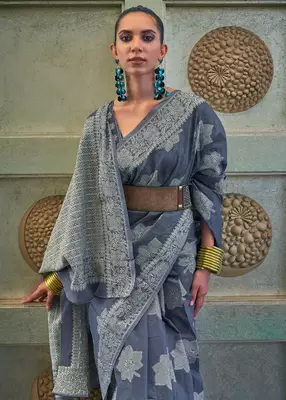 KORAMS DESIGN LUCKNOWI WOVEN BLUE FLORAL DESIGN PARTY WEAR CHIKANKARI SAREE WITH BLOUSE 3