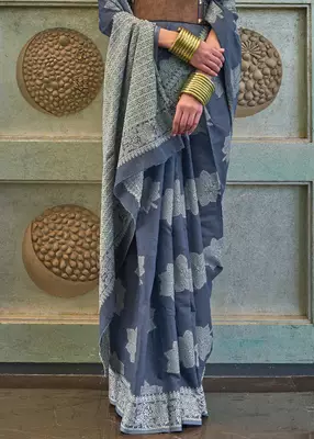 KORAMS DESIGN LUCKNOWI WOVEN BLUE FLORAL DESIGN PARTY WEAR CHIKANKARI SAREE WITH BLOUSE 5