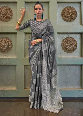 KORAMS DESIGN LUCKNOWI WOVEN GREY FLORAL DESIGN PARTY WEAR CHIKANKARI SAREE WITH BLOUSE 1