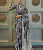 KORAMS DESIGN LUCKNOWI WOVEN GREY FLORAL DESIGN PARTY WEAR CHIKANKARI SAREE WITH BLOUSE