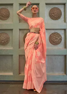 KORAMS DESIGN LUCKNOWI WOVEN PEACH FLORAL DESIGN PARTY WEAR CHIKANKARI SAREE WITH BLOUSE 1