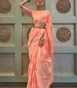 KORAMS DESIGN LUCKNOWI WOVEN PEACH FLORAL DESIGN PARTY WEAR CHIKANKARI SAREE WITH BLOUSE