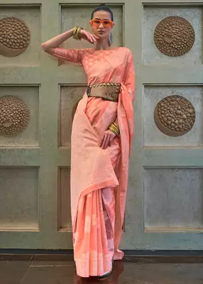 KORAMS DESIGN LUCKNOWI WOVEN PEACH FLORAL DESIGN PARTY WEAR CHIKANKARI SAREE WITH BLOUSE 2
