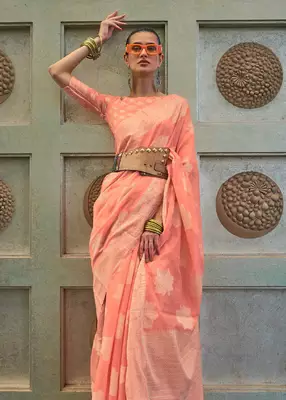 KORAMS DESIGN LUCKNOWI WOVEN PEACH FLORAL DESIGN PARTY WEAR CHIKANKARI SAREE WITH BLOUSE 3