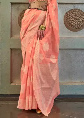 KORAMS DESIGN LUCKNOWI WOVEN PEACH FLORAL DESIGN PARTY WEAR CHIKANKARI SAREE WITH BLOUSE 4