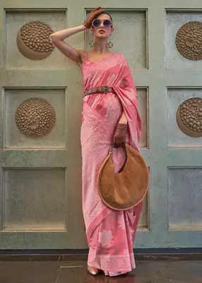 KORAMS DESIGN LUCKNOWI WOVEN PINK FLORAL DESIGN PARTY WEAR CHIKANKARI SAREE WITH BLOUSE 1