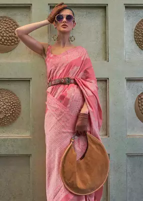 KORAMS DESIGN LUCKNOWI WOVEN PINK FLORAL DESIGN PARTY WEAR CHIKANKARI SAREE WITH BLOUSE 3