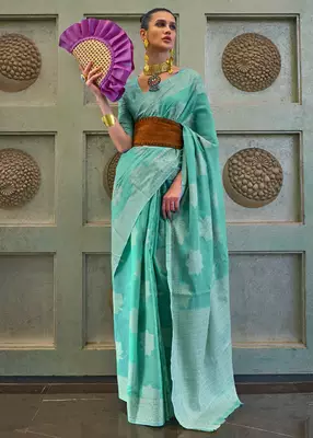 KORAMS DESIGN LUCKNOWI WOVEN SEA GREEN FLORAL DESIGN PARTY WEAR CHIKANKARI SAREE WITH BLOUSE 1