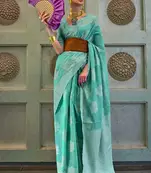 KORAMS DESIGN LUCKNOWI WOVEN SEA GREEN FLORAL DESIGN PARTY WEAR CHIKANKARI SAREE WITH BLOUSE