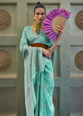 KORAMS DESIGN LUCKNOWI WOVEN SEA GREEN FLORAL DESIGN PARTY WEAR CHIKANKARI SAREE WITH BLOUSE 2