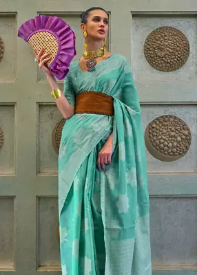 KORAMS DESIGN LUCKNOWI WOVEN SEA GREEN FLORAL DESIGN PARTY WEAR CHIKANKARI SAREE WITH BLOUSE 3