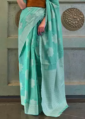 KORAMS DESIGN LUCKNOWI WOVEN SEA GREEN FLORAL DESIGN PARTY WEAR CHIKANKARI SAREE WITH BLOUSE 4
