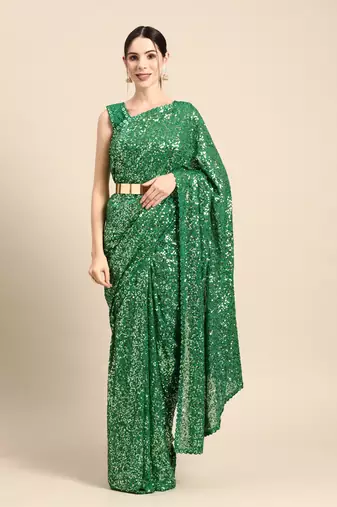 MINT GREEN THREAD AND MULTIPLE SEQUINS EMBROIDERED GEORGETTE DESIGNER SAREE