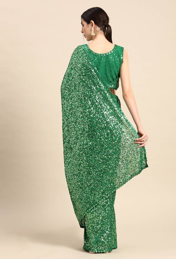 MINT GREEN THREAD AND MULTIPLE SEQUINS EMBROIDERED GEORGETTE DESIGNER SAREE