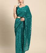 TEAL BLUE THREAD AND MULTIPLE SEQUINS EMBROIDERED GEORGETTE DESIGNER SAREE