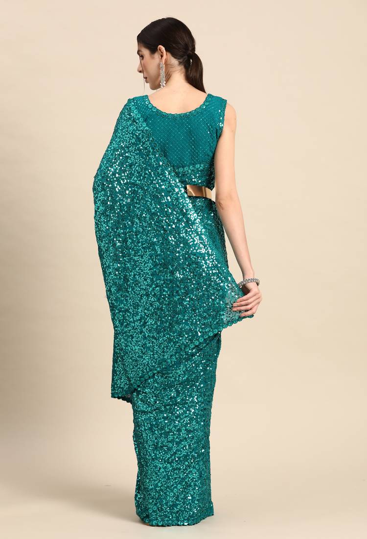 TEAL BLUE THREAD AND MULTIPLE SEQUINS EMBROIDERED GEORGETTE DESIGNER SAREE