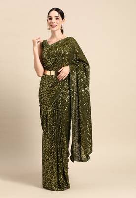 OLIVE GREEN THREAD AND MULTIPLE SEQUINS EMBROIDERED GEORGETTE DESIGNER SAREE 1