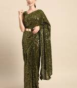 OLIVE GREEN THREAD AND MULTIPLE SEQUINS EMBROIDERED GEORGETTE DESIGNER SAREE