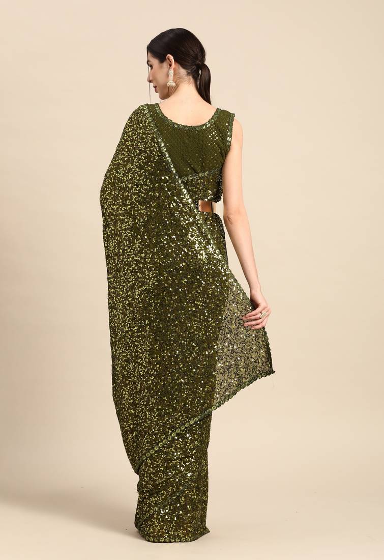 OLIVE GREEN THREAD AND MULTIPLE SEQUINS EMBROIDERED GEORGETTE DESIGNER SAREE