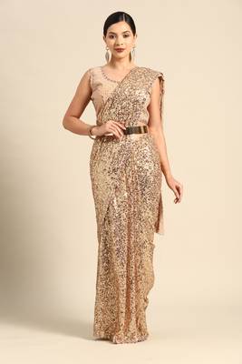 ANCIENT IVORY THREAD AND MULTIPLE SEQUINS EMBROIDERED GEORGETTE DESIGNER SAREE 1