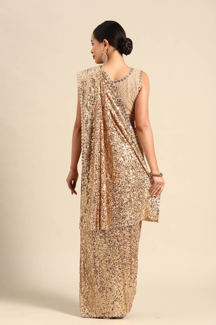 ANCIENT IVORY THREAD AND MULTIPLE SEQUINS EMBROIDERED GEORGETTE DESIGNER SAREE