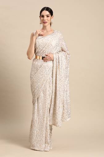 PEARL WHITE THREAD AND MULTIPLE SEQUINS EMBROIDERED GEORGETTE DESIGNER SAREE