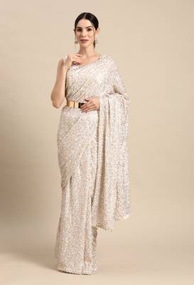PEARL WHITE THREAD AND MULTIPLE SEQUINS EMBROIDERED GEORGETTE DESIGNER SAREE 2