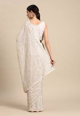 PEARL WHITE THREAD AND MULTIPLE SEQUINS EMBROIDERED GEORGETTE DESIGNER SAREE 3