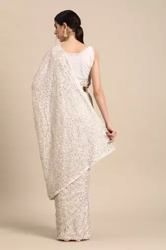 PEARL WHITE THREAD AND MULTIPLE SEQUINS EMBROIDERED GEORGETTE DESIGNER SAREE