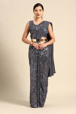 SLATE GREY THREAD AND MULTIPLE SEQUINS EMBROIDERED GEORGETTE DESIGNER SAREE 1