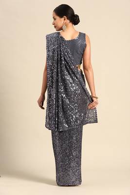 SLATE GREY THREAD AND MULTIPLE SEQUINS EMBROIDERED GEORGETTE DESIGNER SAREE 2