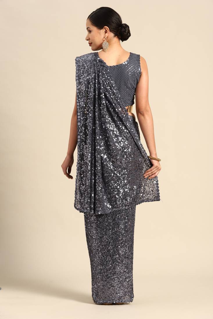 SLATE GREY THREAD AND MULTIPLE SEQUINS EMBROIDERED GEORGETTE DESIGNER SAREE