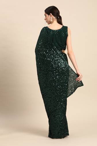 DEEP GREEN THREAD AND MULTIPLE SEQUINS EMBROIDERED GEORGETTE DESIGNER SAREE