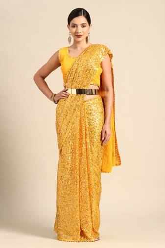 HONEY YELLOW THREAD AND MULTIPLE SEQUINS EMBROIDERED GEORGETTE DESIGNER SAREE