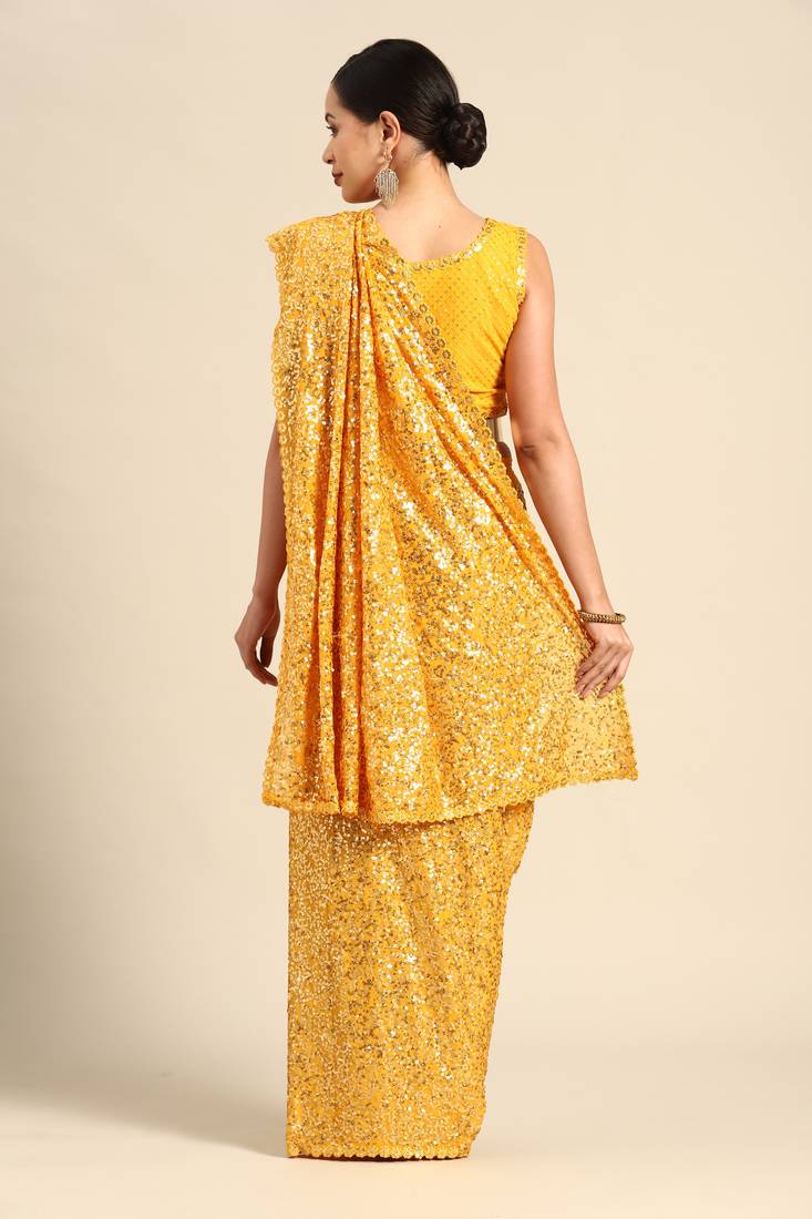 HONEY YELLOW THREAD AND MULTIPLE SEQUINS EMBROIDERED GEORGETTE DESIGNER SAREE