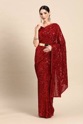 RUBY RED THREAD AND MULTIPLE SEQUINS EMBROIDERED GEORGETTE DESIGNER SAREE 1